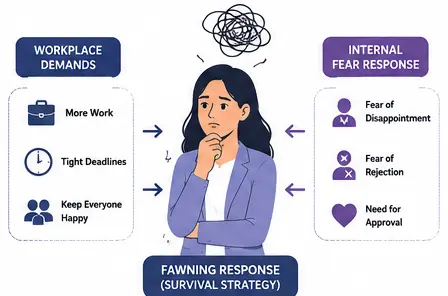 Psychology of people pleasing at work showing fear of rejection and workplace stress responses