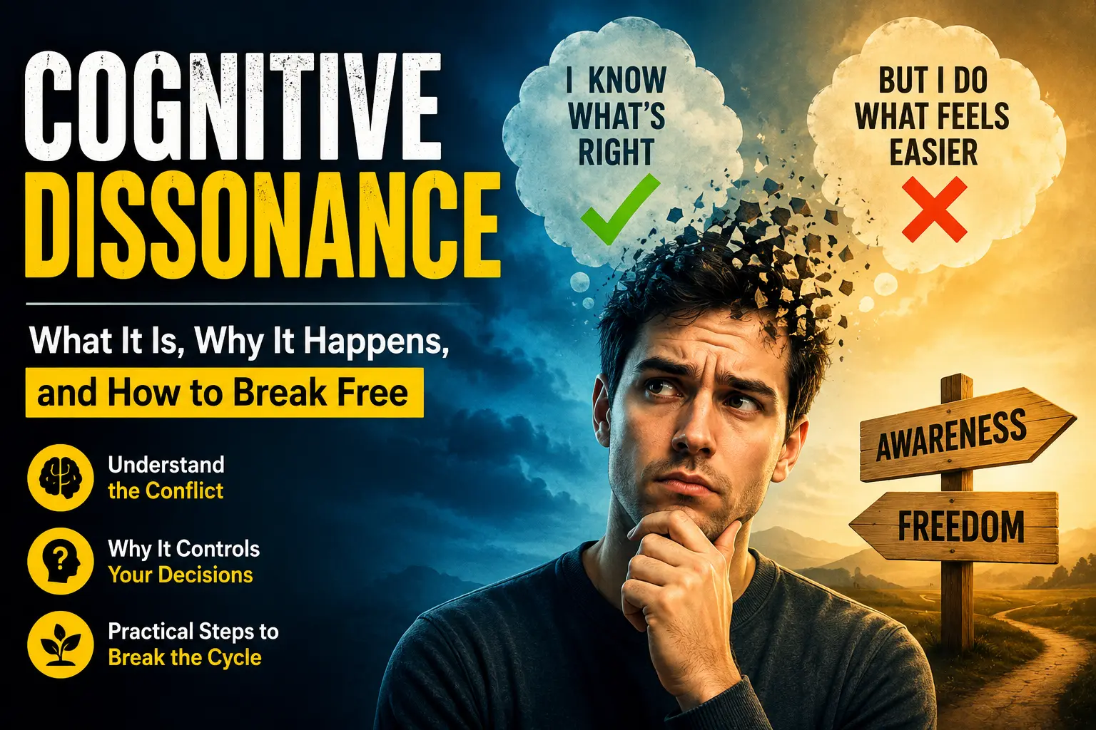 Illustration representing cognitive dissonance and the struggle between beliefs, choices, and personal growth.