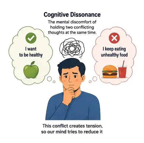 Psychology illustration explaining how cognitive dissonance occurs when beliefs conflict with behaviors