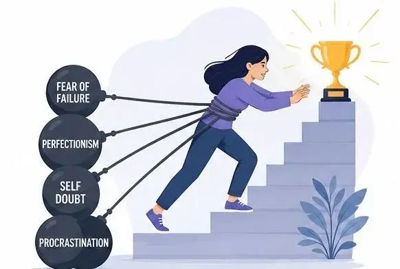 Self-sabotage illustration showing a person unknowingly creating obstacles to their own success.