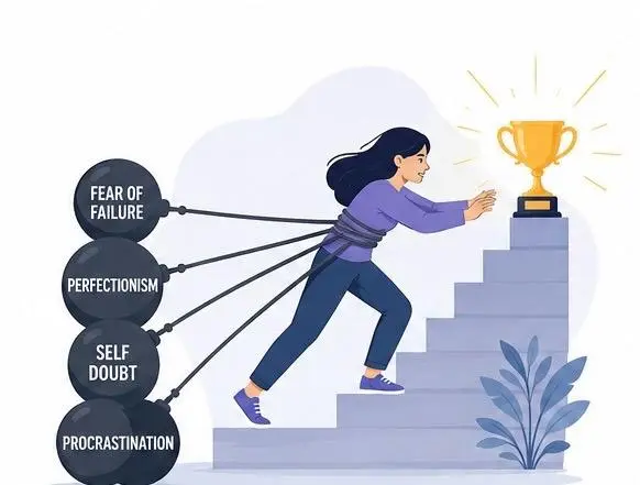 Self-sabotage illustration showing a person unknowingly creating obstacles to their own success.