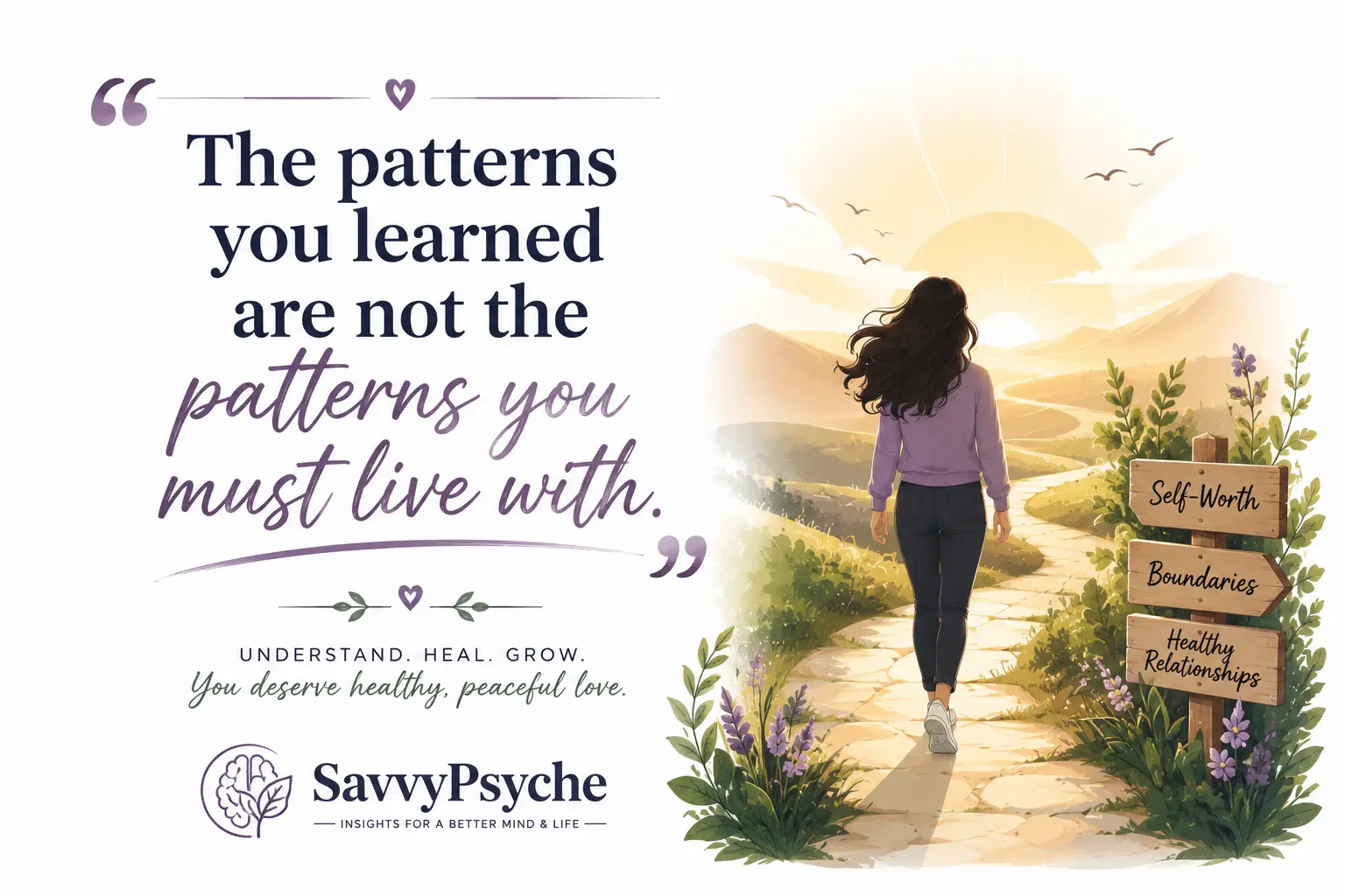 Motivational psychology illustration showing emotional healing, self-worth, healthy boundaries, and recovery from toxic relationships