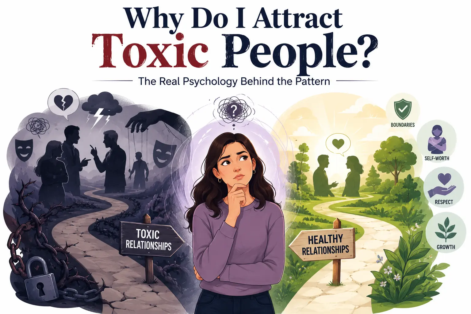 Why do I attract toxic people illustration showing the choice between toxic and healthy relationships