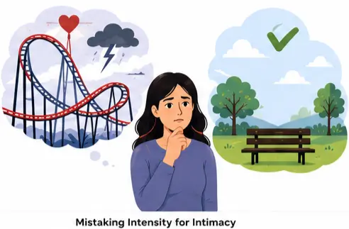 Psychology illustration showing the difference between emotional intensity and healthy intimacy