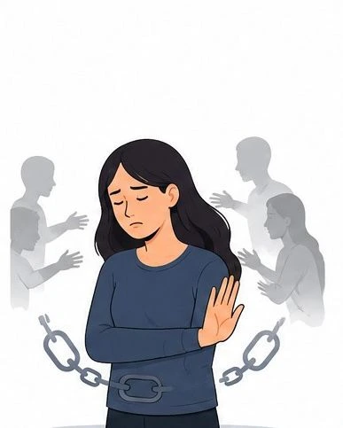 Person emotionally distancing themselves from others while struggling with relationships and loneliness, push people away psychology