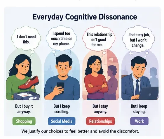 Vector illustration showing everyday examples of cognitive dissonance and conflicting choices