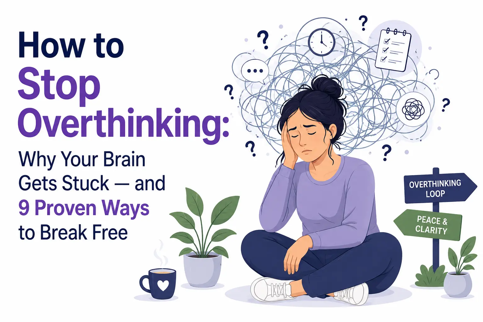 How to stop overthinking illustration showing a person overwhelmed by repetitive thoughts and discovering psychology-backed ways to break free from overthinking