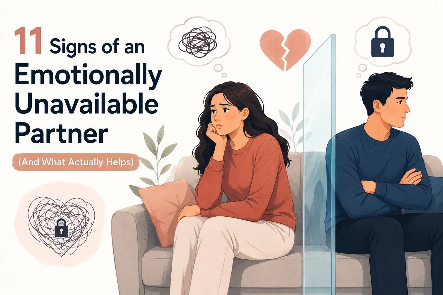 Vector illustration of an emotionally unavailable partner creating emotional distance in a romantic relationship, representing the signs of emotional unavailability.