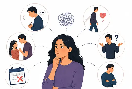 Psychology illustration showing common signs of an emotionally unavailable partner in a relationship.