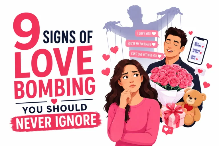 Love bombing signs illustration showing excessive affection, constant texting, gifts, and emotional manipulation in a relationship