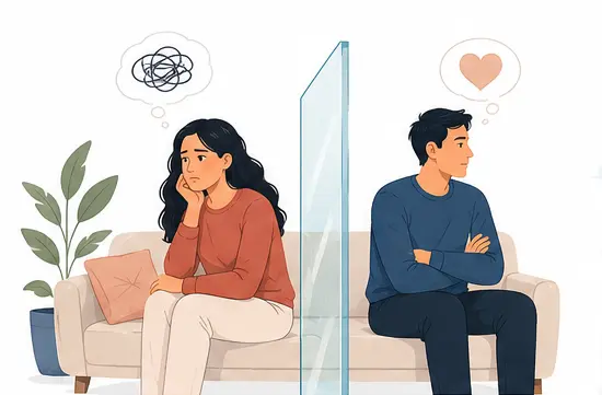 Vector illustration of an emotionally unavailable partner creating emotional distance in a romantic relationship.