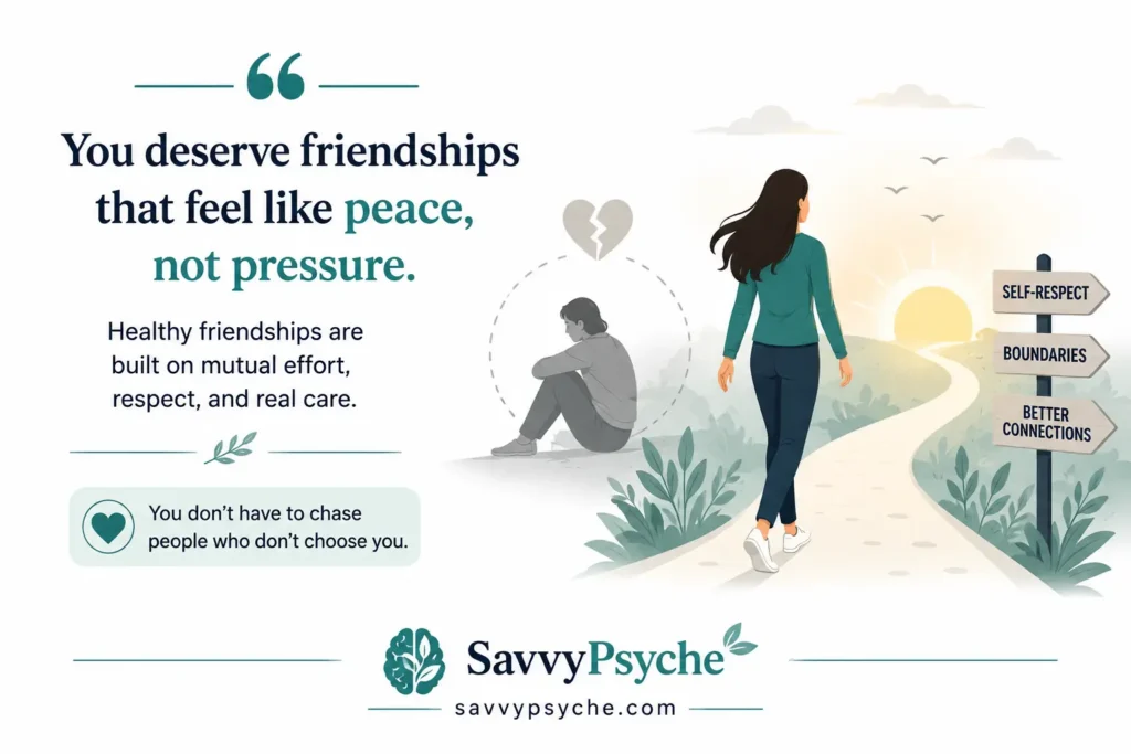 Inspirational psychology quote illustration encouraging healthy friendships, self-respect, and mutual effort, featuring a person walking toward a brighter future with SavvyPsyche.