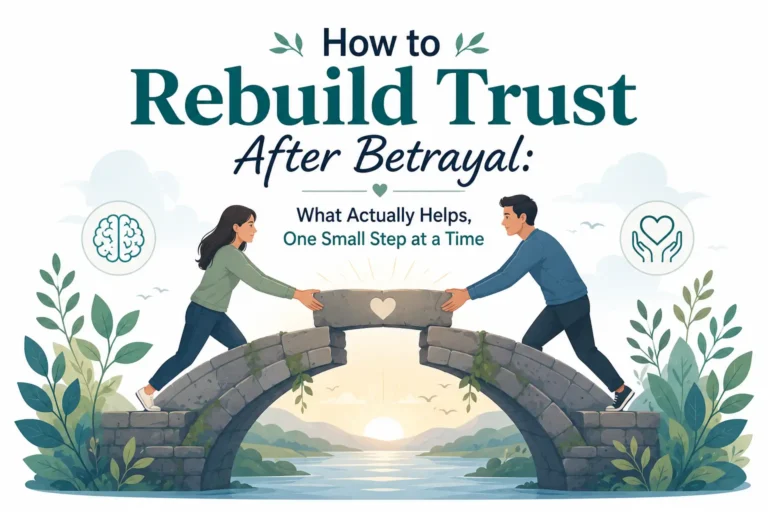 How to rebuild trust after betrayal psychology-based vector illustration showing a couple repairing a broken bridge to symbolize healing, forgiveness, and rebuilding trust in a relationship.