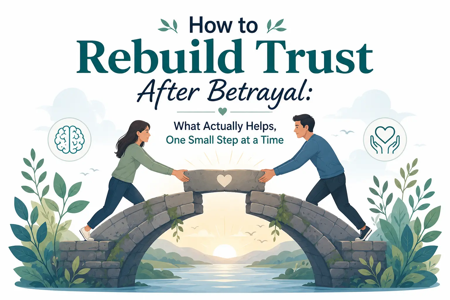 How to rebuild trust after betrayal psychology-based vector illustration showing a couple repairing a broken bridge to symbolize healing, forgiveness, and rebuilding trust in a relationship.