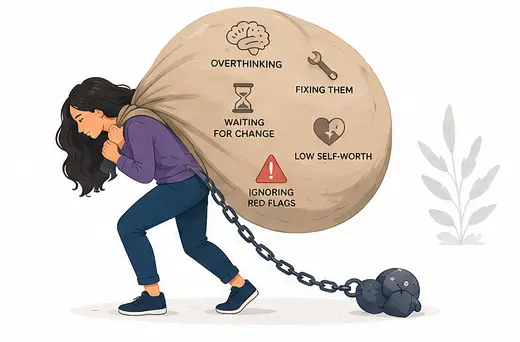 Illustration showing common mistakes people make when loving an emotionally unavailable partner.