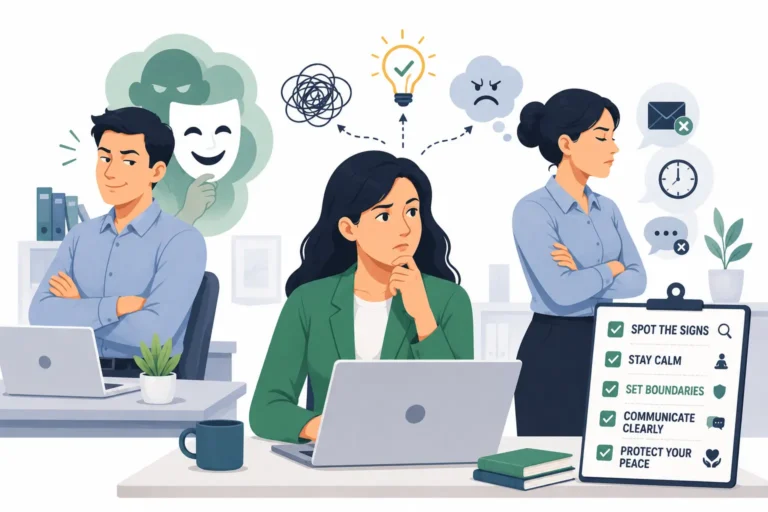 Passive aggressive behavior at work vector illustration showing coworkers dealing with indirect workplace conflict and healthy communication strategies.