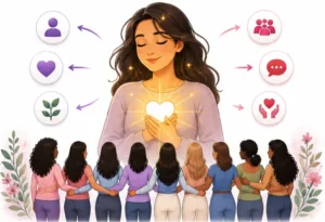 Vector illustration showing the difference between inner emotions and the outward image people present on social media, encouraging healthy self-comparison and mental strength.