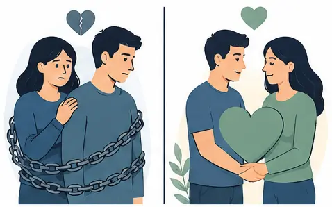 Codependency in relationships psychology illustration showing a person cutting unhealthy emotional ties and building independence