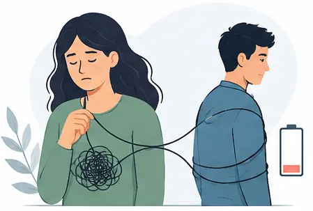 Codependency in relationships psychology vector illustration showing emotional dependence between two partners
